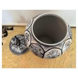 Collectible Ceramic Ginger Jar Blue and White Lid Topped with Lion Finial "Fu Dog" or Temple Dog