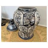 Collectible Ceramic Ginger Jar Blue and White Lid Topped with Lion Finial "Fu Dog" or Temple Dog