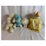 Vintage Plush Toys: Dakin Frou Frou Nature Babies, Yellow Plush Bunny, Blue Mom and Baby Plush Bunny, 1981 Charm Co Japan Cat