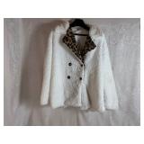 Double Breasted White Sherpa Jacket with Animal Print Collar (XL)