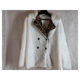 Double Breasted White Sherpa Jacket with Animal Print Collar (XL)