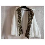Double Breasted White Sherpa Jacket with Animal Print Collar (XL)