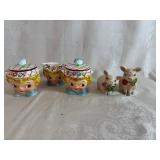 Lefton Miss Dainty Sugar Creamer Sugar Pot Jam Set of 3 and Fritz & Floyd French Market Collection Pig Salt and Pepper Shakers