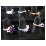 Six Costume Rings - One Sterling
