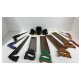 Lot of various hand saws and miter box