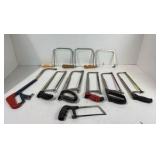 Lot of various hand saws and miter box
