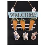 Wood Carved Rabbit Figurines with Welcome Sign & Carrots - Set of 3