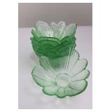 Emerald Green Glass Bottles with Cork Stoppers & Flower-Shaped Rosette Bowls