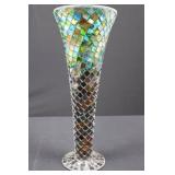 Murano-Style Mosaic Glass Vase - Iridescent Square Tile Pattern, Tall 16in
