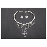Bebe Pearl Cross Multi Necklace Set with Heart Earrings & Guess Choker