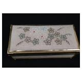 Vintage Japanese Beaded Jewelry Box with Floral Lid, Mirror Interior - Made in Japan ~10"