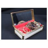 Vintage Japanese Beaded Jewelry Box with Floral Lid, Mirror Interior - Made in Japan ~10"