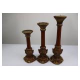 Three-Piece Ornate Gilded Candlestick Set - Wood Stems & Brass Bases, 12-20 in tall