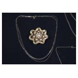 Costume Jewelry Assortment - Layered Necklaces, Floral Brooches, Turquoise Ring