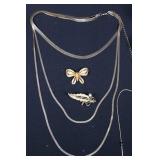 Costume Jewelry Assortment - Layered Necklaces, Floral Brooches, Turquoise Ring