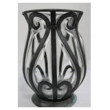 Glass Vase with Wrought-Iron Scrollwork Cage, 9-10 in Tall