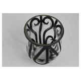 Glass Vase with Wrought-Iron Scrollwork Cage, 9-10 in Tall