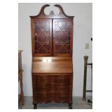 Vintage Mahogany Secretary Desk with Hutch, Glass-Panel Upper Cabinet, 4-Drawer Base