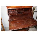 Vintage Mahogany Secretary Desk with Hutch, Glass-Panel Upper Cabinet, 4-Drawer Base