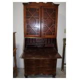 Vintage Mahogany Secretary Desk with Hutch, Glass-Panel Upper Cabinet, 4-Drawer Base