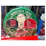 Minnesota Twins Memorabilia Package: 2010 Inaugural Season Mini Louisville Slugger, 2014 ALL-STAR Game Ball, Chewing Gum Tin Holder(2004), 2020 Towel Homer Hankie, & Joe Mauer Pin and Photo, & mini He