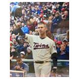 Minnesota Twins Memorabilia Package: 2010 Inaugural Season Mini Louisville Slugger, 2014 ALL-STAR Game Ball, Chewing Gum Tin Holder(2004), 2020 Towel Homer Hankie, & Joe Mauer Pin and Photo, & mini He