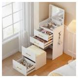 White Makeup Vanity Sets Dressing Chest with Flip-top Mirror, 3-Drawers, See-Through Glass Top, LED Lights and Stool
