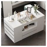 FUFU&GAGA White 14-Drawers 63 in. Width Bedroom Dresser Makeup Island with Glass Top
