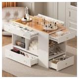 6-Drawer Closet Island with Glass Display Top & Open Shelves, Jewelry Vanity Storage Organizer Center for Walk-in Wardrobe, White