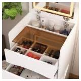 White Makeup Vanity Sets Dressing Chest with Flip-top Mirror, 3-Drawers, See-Through Glass Top, LED Lights and Stool