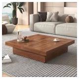 Polibi 39.4 in. Walnut Square MDF Coffee Table with 2 Drawers