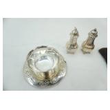 Vintage Silver-Plate Salt & Pepper Shaker Set, Silver-Plate Dish & Saucer.