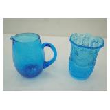 Vintage Blue Aztec Sunburst Celery Vase; blue crackle glass pitcher
