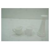 vintage Westmoreland milk glass thumbelina; "Swans and Rushes" toothpick holder; milk glass vase