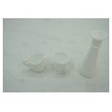 vintage Westmoreland milk glass thumbelina; "Swans and Rushes" toothpick holder; milk glass vase