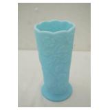 vintage Fenton Peacock Garden Blue Satin Milk Glass Vase 8"x3.5"