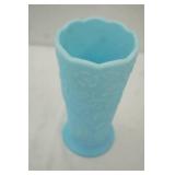 vintage Fenton Peacock Garden Blue Satin Milk Glass Vase 8"x3.5"