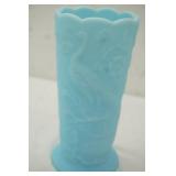 vintage Fenton Peacock Garden Blue Satin Milk Glass Vase 8"x3.5"