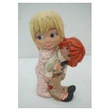 vintage 1970s Ceramichrome Inc Figurine, baby girl with Raggedy Ann Doll 9" tall