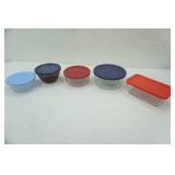5ct Pyrex Glass bowls with lids (lids are pyrex & anchor)