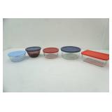 5ct Pyrex Glass bowls with lids (lids are pyrex & anchor)