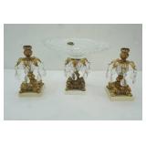 Vintage Hollywood Regency Centerpiece Set. Footed Crystal Compote Bowl & Candle Holders