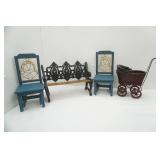 Teddy Bear/Doll Furniture, bench, 2 wooden chairs, wicker buggy