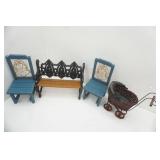 Teddy Bear/Doll Furniture, bench, 2 wooden chairs, wicker buggy