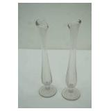 Pair of vintage clear glass bud vases 9" tall