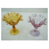 Vintage  Fenton Ruffled Pedestal Dusty Pink compote , Fenton Amber Hobnail Compote