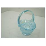 Vintage L.E. Smith Blue Iridescent Carnival Glass Basket "Feather & Fern" 6"x5"x7.5"