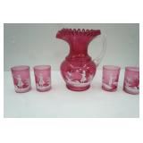 Vintage Fenton Cranberry Glass Lemonade Set with 2 "Mary Gregory" Style Bells, 4 Glasses, 1 large pitcher