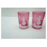 Vintage Fenton Cranberry Glass Lemonade Set with 2 "Mary Gregory" Style Bells, 4 Glasses, 1 large pitcher