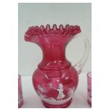 Vintage Fenton Cranberry Glass Lemonade Set with 2 "Mary Gregory" Style Bells, 4 Glasses, 1 large pitcher
